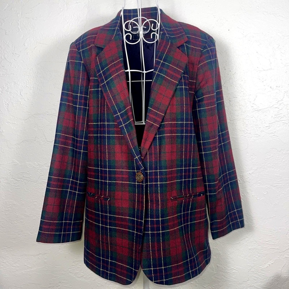 Sag Harbor Tartan‎ Plaid Vintage Christmas Wool Blend Blazer Jacket Size 12